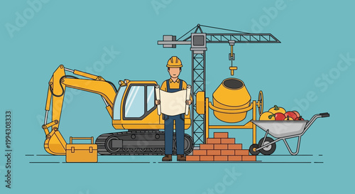 Construction Worker with Blueprint and Heavy Machinery Equipment