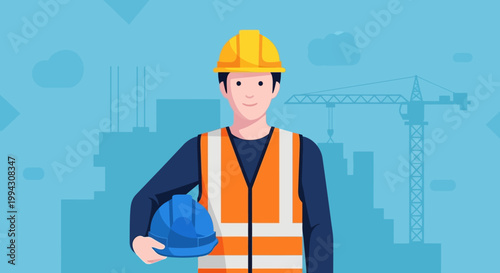 Construction Worker with Safety Gear and Helmet