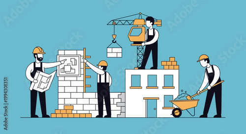 Construction Team Working on Building Project Illustration