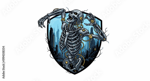 Pixelated robotic skeleton with glowing wires erupting from a shield