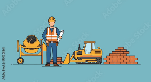 Construction Worker with Equipment and Bricks Illustration
