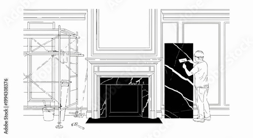 Construction worker applies marble veneer to a fireplace with scaffolding present
