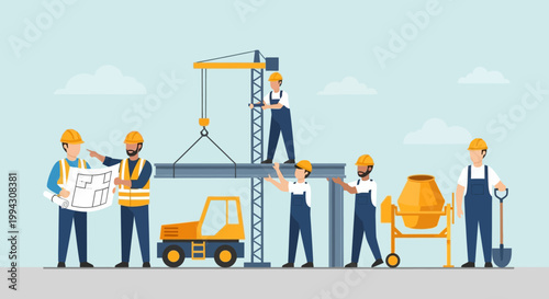 Construction Workers Team Working on Building Site Project