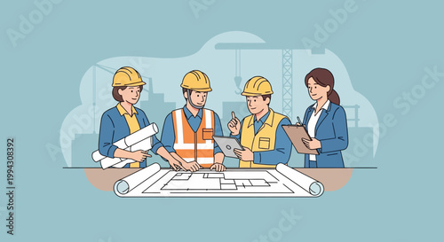 Diverse Team of Architects and Engineers Reviewing Construction Blueprints