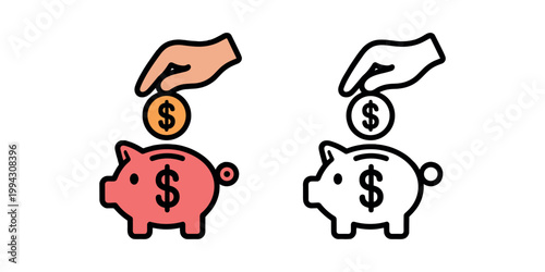 Hand putting coins into piggy banks with dollar signs saving in white background