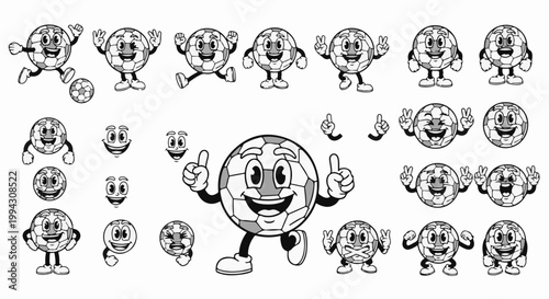 Cartoon soccer balls with various happy emotions and actions, black and white
