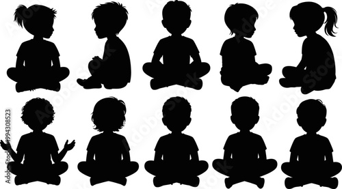 Collection of diverse children silhouettes sitting crosslegged in various poses against a plain white background
