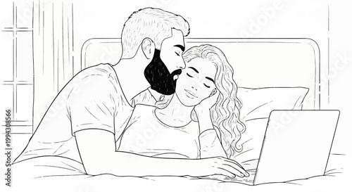 Couple in bed, man kisses woman's head while she uses laptop