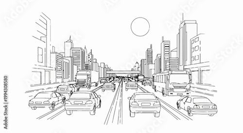 Busy city highway with traffic jam under a bright sun