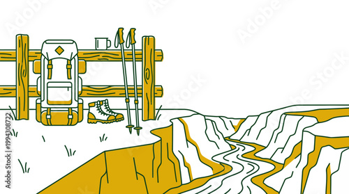 A backpack, hiking boots, and trekking poles are placed near a wooden fence overlooking a scenic canyon with a river flowing through it.