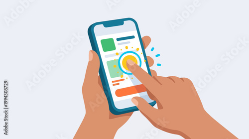 Hands holding smartphone with app interface.