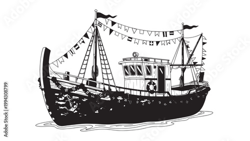 Vintage Sailing Ship with Detailed Masts and Rigging in Black and White Illustration.