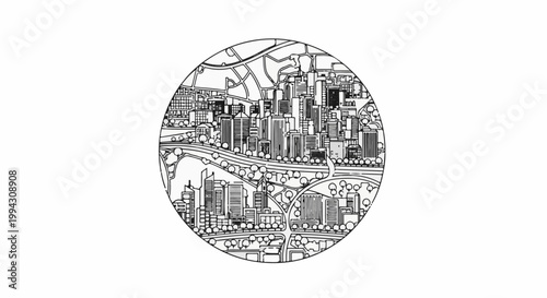 Black and white circular illustration of a dense urban cityscape with roads and trees