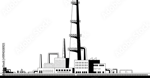 Stylized industrial factory complex with tall smokestacks and various buildings under a clear sky