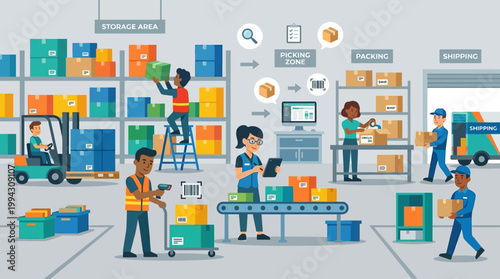 Workers in a busy warehouse environment.