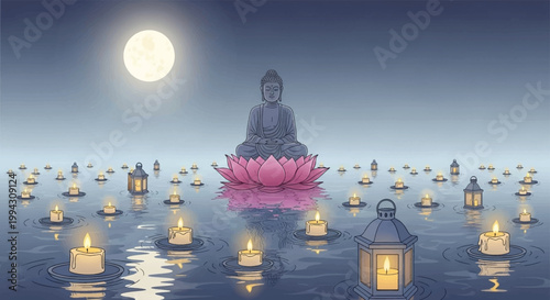 Buddha, meditation, zen, peaceful, serene, pink lotus, full moon, water, candles, vector illustration