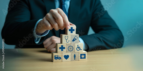 Building blocks representing health insurance and medical care services.