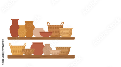 A collection of various ceramic vases and woven baskets displayed on two wooden shelves.
