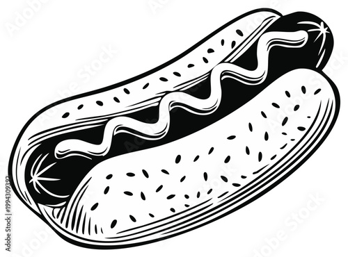 Black and white illustration of a hotdog with mustard