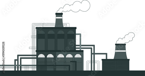 Stylized illustration of industrial factory buildings with smokestacks releasing pollution into the atmosphere