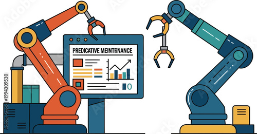 Automated robotic arms analyzing data on a screen for advanced predictive maintenance solutions