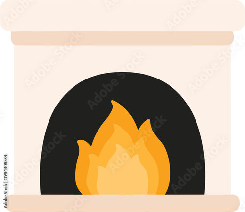 A cartoon illustration of a beige fireplace with a lit fire burning inside isolated on white background