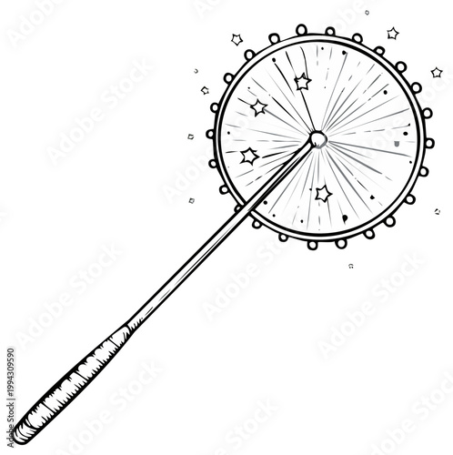 Illustration of a Magic Wand with Stars and Sparkles, Black and White Drawing