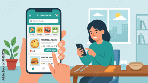 Woman ordering food online with smartphone.