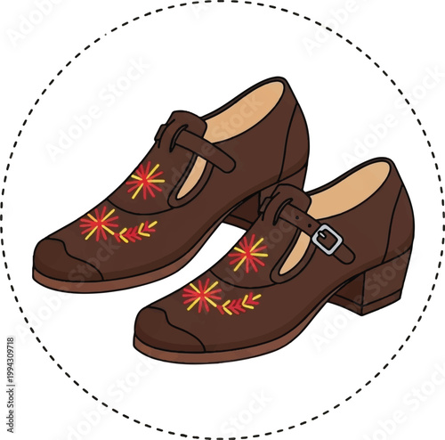 Brown shoes, embroidered shoes, women's shoes, vintage shoes, low-heeled shoes
