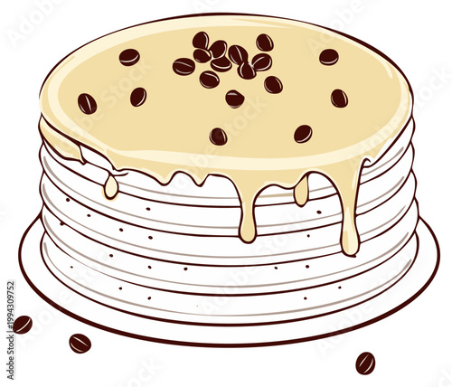 Delicate stacked pancakes drizzled with creamy frosting and coffee beans