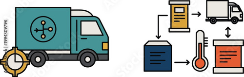 Logistics truck with target icon and temperature monitoring system for delivery tracking