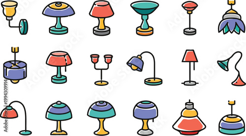 A vibrant collection of colorful lamps and light fixtures in various styles and designs on a white background