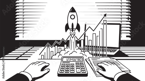 rocket launching from calculator in financial growth concept