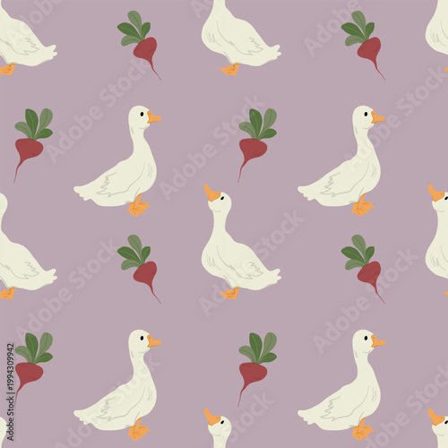 Seamless pattern with ducks and beetroot  illustration