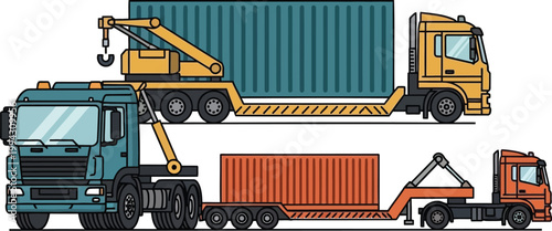 Illustration of modern freight vehicles moving intermodal shipping containers, symbolizing efficient logistics and global commerce