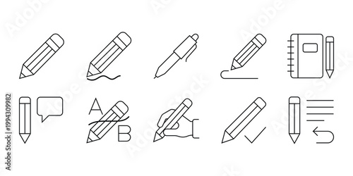 Pencil and stationery line icon set featuring writing, drawing, and editing symbols for creative education, office work, and school projects.