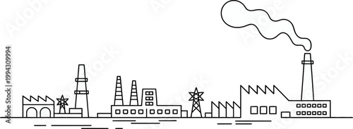 Industrial factory skyline with smoke billowing from a chimney and wind turbines on a white background