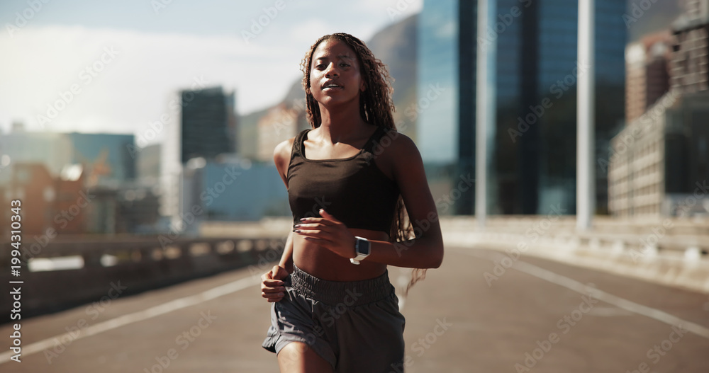 Fototapeta premium Athlete, woman and running for exercise in city with pace training, morning cardio and fitness. Active runner, black girl or jog on bridge for sport performance, wellness challenge and health workout