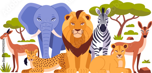 Collection of African safari animals including a lion and elephant in a colorful illustration
