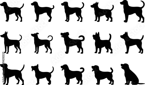 Collection of diverse black dog silhouettes in various poses and breeds for graphic design elements