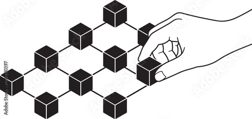 Hand connecting abstract cubes in grid formation