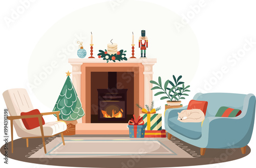 Cozy living room with christmas tree and fireplace on white background