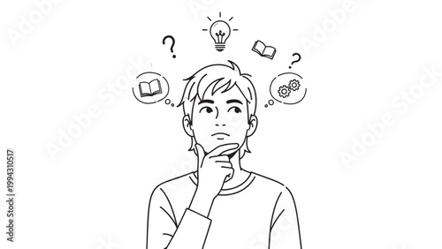 Thoughtful young man contemplating ideas with a pensive expression and floating icons representing thoughts and creativity.