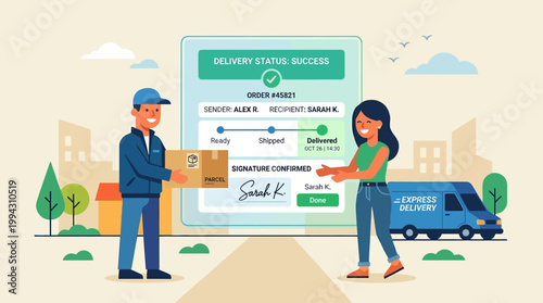 Delivery person handing package to customer.