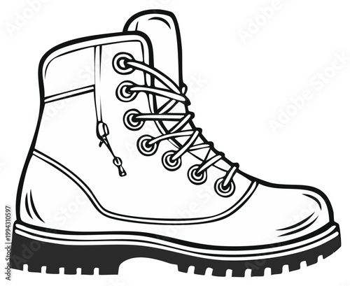 Black and white illustration of a sturdy hiking boot with laces and a rugged sole