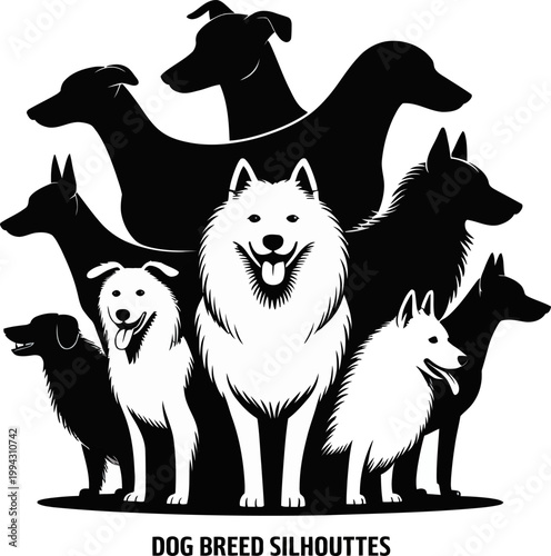 Diverse collection of various dog breed silhouettes in a graphic design illustrating canine diversity