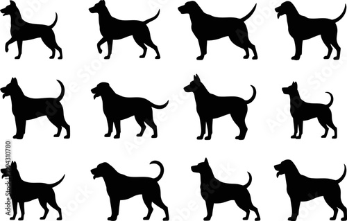 Collection of diverse dog breed silhouettes with various poses and stances isolated on white background