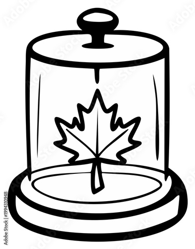 Autumn leaf preserved in glass dome on pedestal hand-drawn illustration