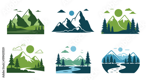 Stylized mountain landscapes with trees rivers and circular sun elements
