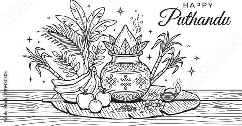 Happy Puthandu Tamil New Year Celebration Line Art